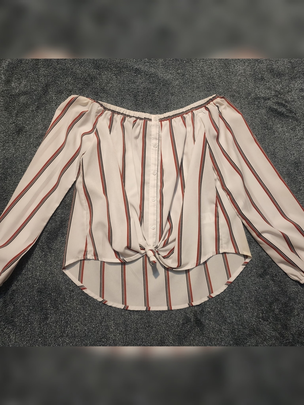Windsor White Off-Shoulder Button-Front Blouse with Rust and Black Stripes